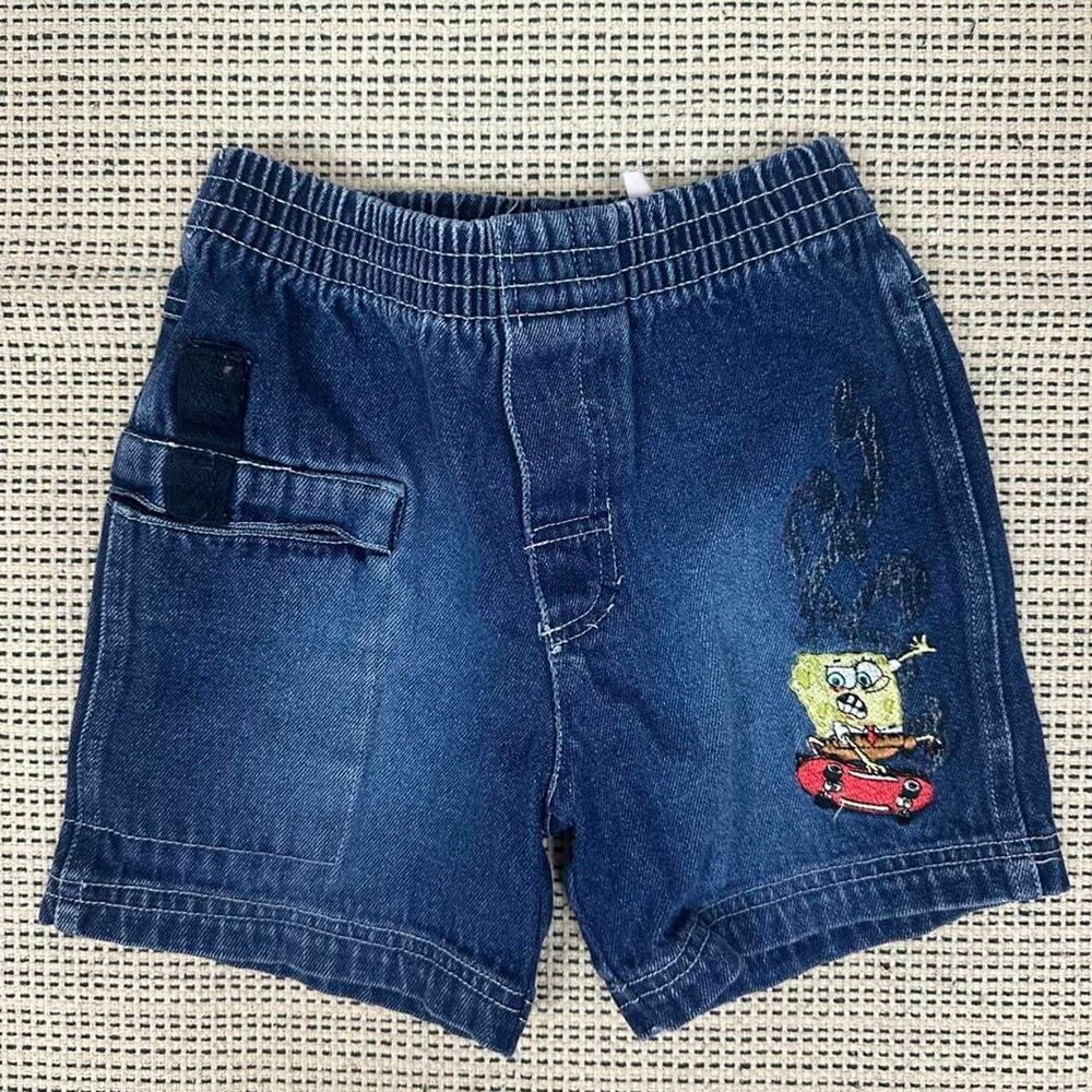 Y2K Vintage Boy Toddlers Dark Wash Denim Skater SpongeBob Shorts 2t